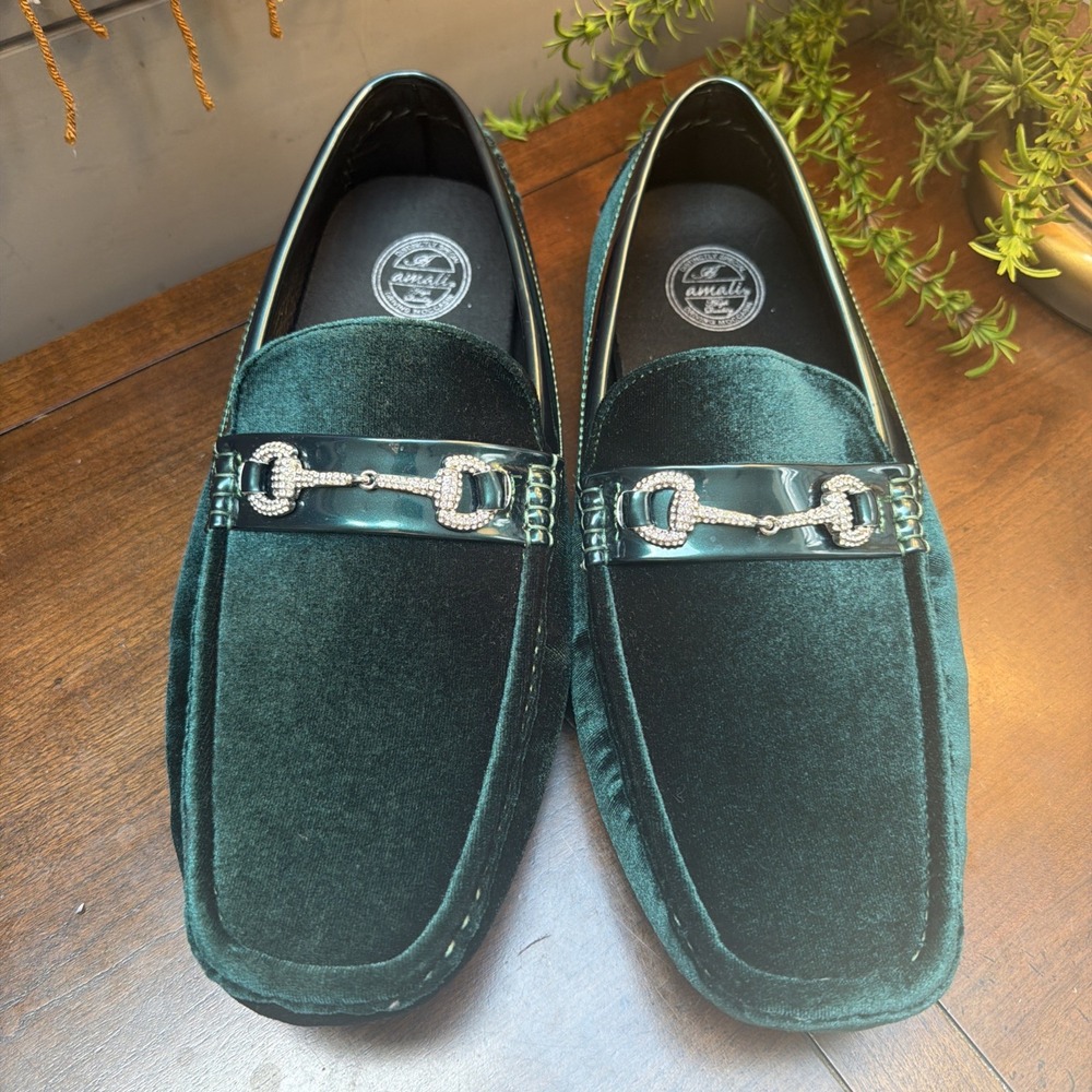 Amali Men's Green Velvet Driving Moccasins Loafer Shoe with Bling Ornament 15